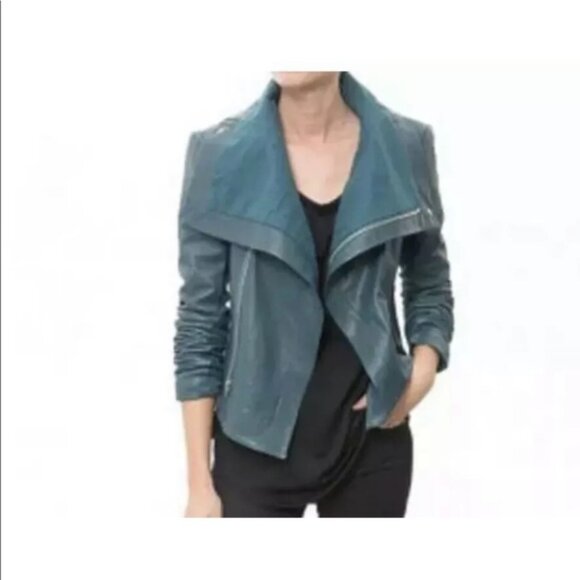 VEDA Teal Max Classic Bubble Leather Lambskin Jacket Moto Biker size P - Picture 5 of 16